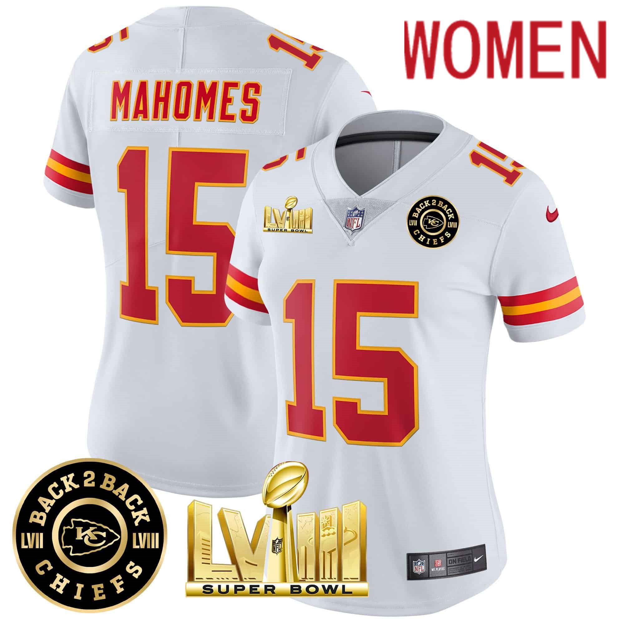 Women Kansas City Chiefs 15 Mahomes White 2024 Nike Super Bowl LVIII & Back 2 Back Patch Vapor NFL Jersey